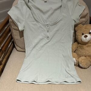 Guess Light Green/Mint Ribbed crystal Button-Front Top